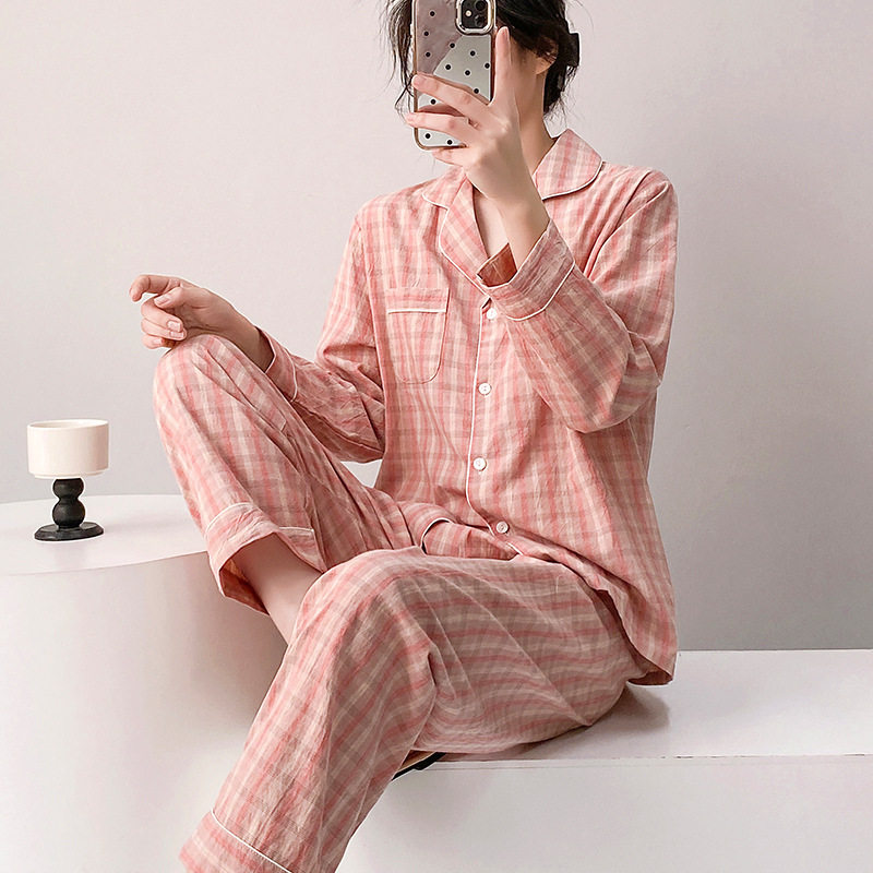 春夏季新款女士格子睡衣套装长袖长裤翻领家居服纯棉情侣开衫可外