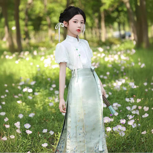 马面裙女童绿色2026夏款国风新中式搭配泡泡袖上衣半身裙汉服跨境