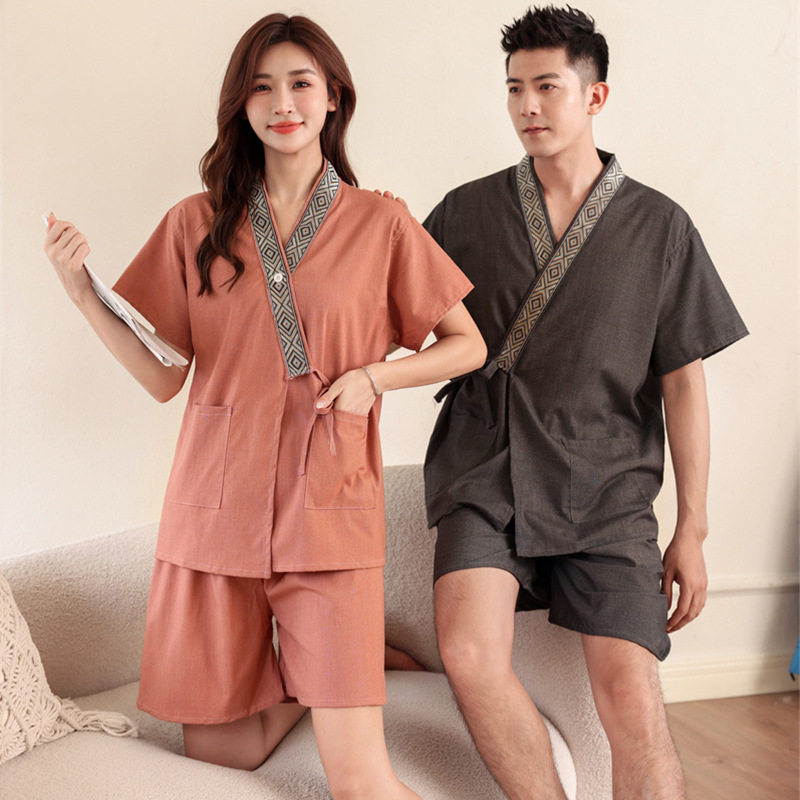 新款高档男大码苎麻汗蒸服女情侣套装居家浴服桑拿服养生酒店睡衣