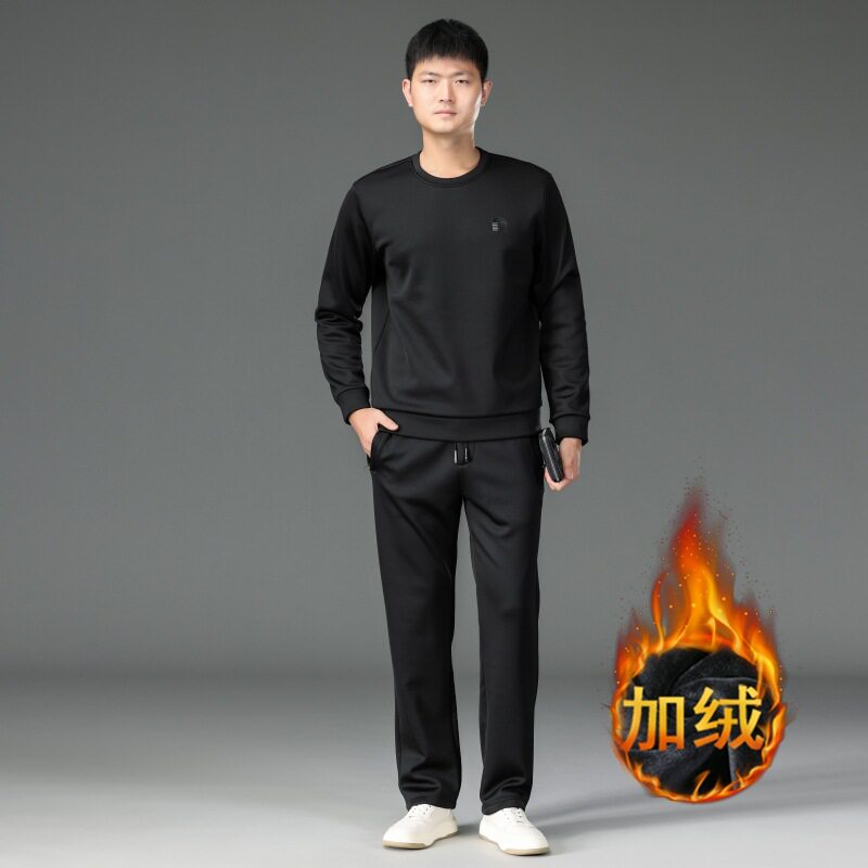 轻奢男装冬季套装圆领男士卫衣一套休闲长裤加绒加厚大码两件套86