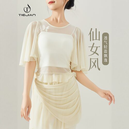 3606舞蹈服女现代形体练功宽松网纱飘逸短袖中国古典成人跳舞上衣