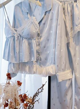 长袖睡衣女夏胸薄款性感情趣冰丝吊带四件套家居服女士夏季套装
