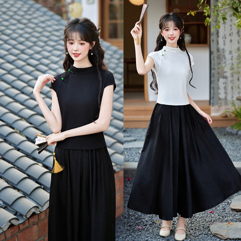 时尚改良新中式弹力人棉旗袍上衣套装2026春夏新款学院风少女上衣