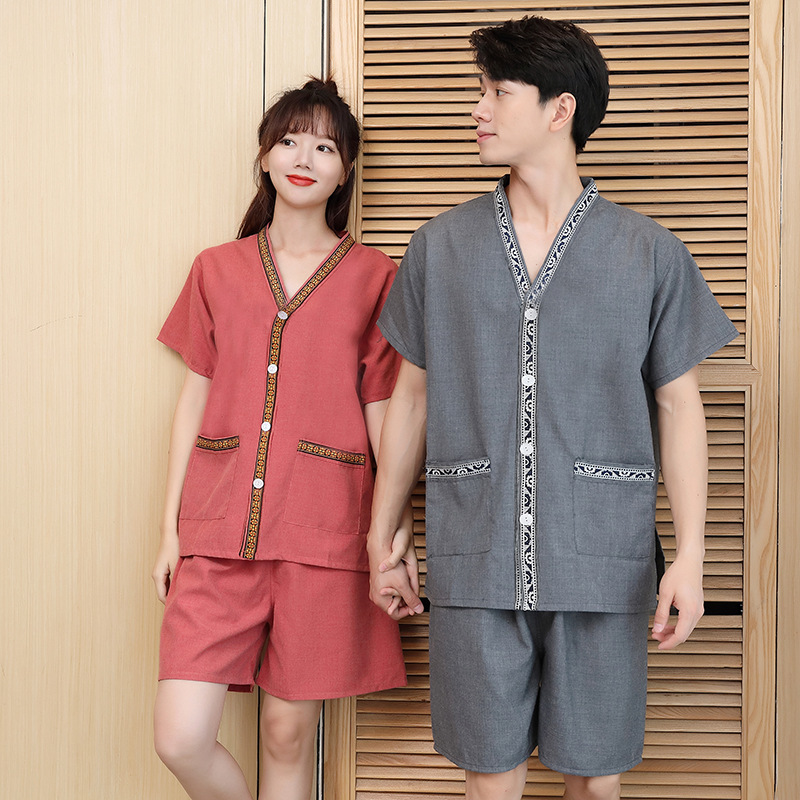 酒店汗蒸服女苎麻前后开情侣大码男足疗洗浴艾灸按摩浴衣家居睡衣