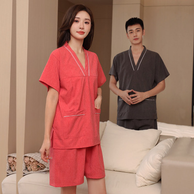 汗蒸服女苎麻男款情侣不易起褶加厚足疗洗浴采耳美容家居睡衣套装