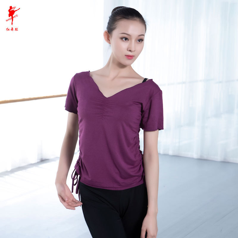 红舞鞋丝光棉两侧抽带波边短袖女成人练功服瑜伽舞蹈服上衣瑜伽