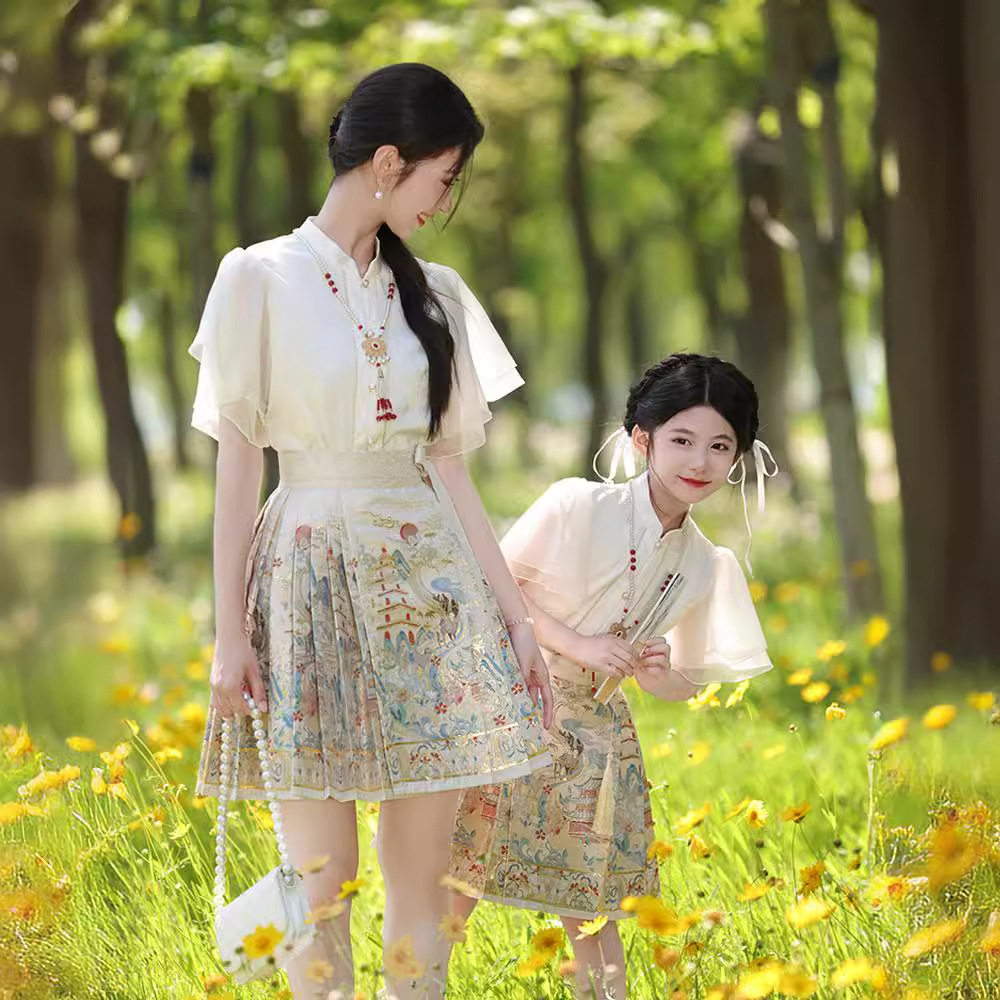 国风亲子马面裙套装2026夏季新款织金母女唐装女童短款半身裙汉服