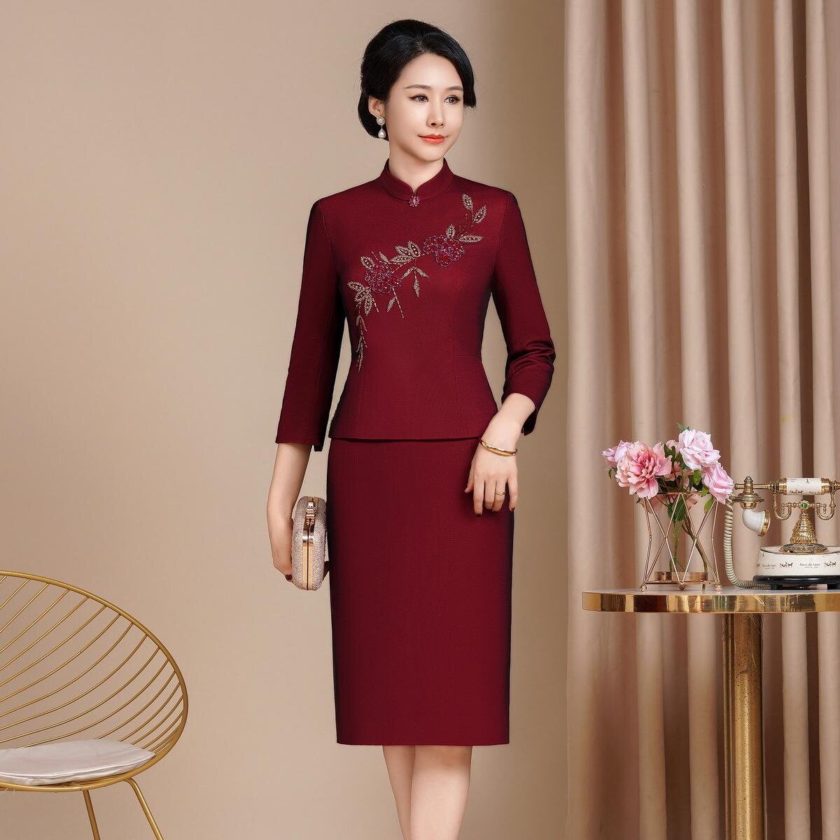 国风旗袍套装两件套改良版立领上衣短裙钉珠时尚妈妈敬酒服长袖女