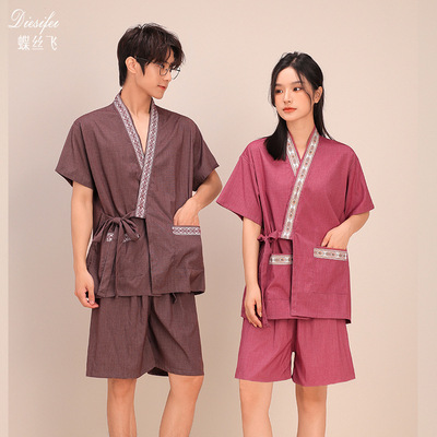 苎麻米通开衫汗蒸服女大码男套装足疗家居服睡衣按摩洗浴浴衣