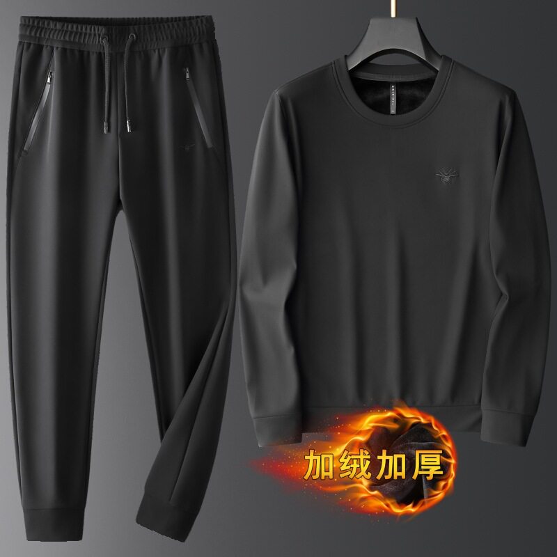高级感休闲套装2026春秋冬季加绒加厚男士卫衣运动保暖男装二件套
