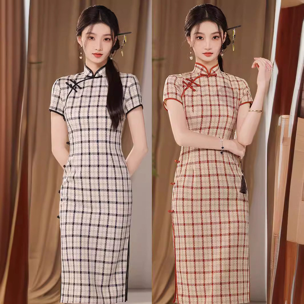格子旗袍2026年新款高端复古民国风年轻款改良文艺连衣裙夏季