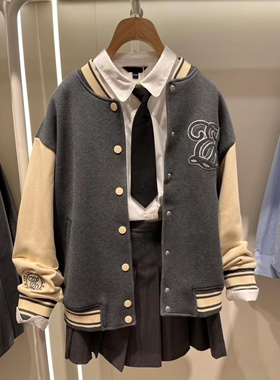 依恋2024秋季新款学院风复古休闲刺绣宽松棒球服外套女EEMTD49Y01