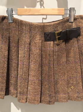 赵露思同款小熊2025秋冬新款羊毛呢百褶半身裙复古格纹高腰短裙子