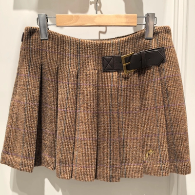 赵露思小熊毛呢复古格纹百褶短裙