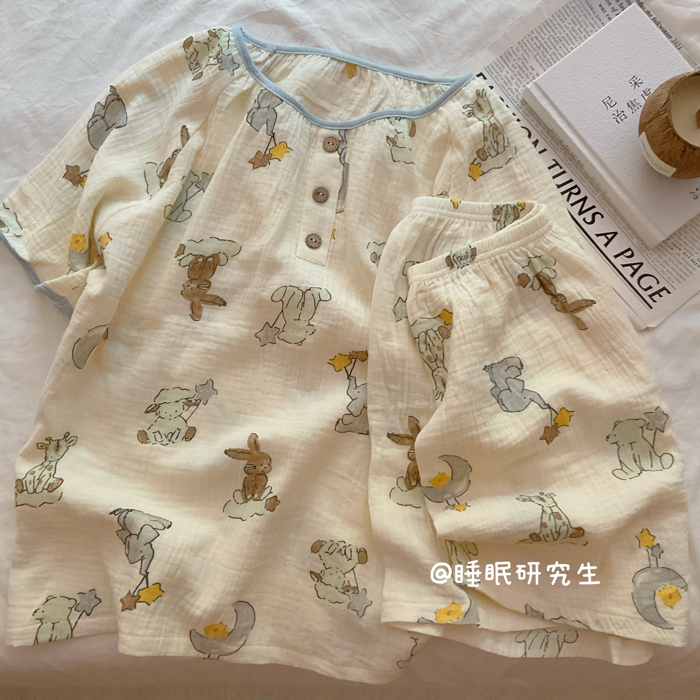 【今夜出海的小船】夏季女睡衣纯棉绉布套装软料婴儿纱短袖短裤
