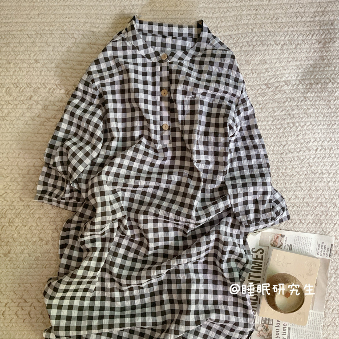 【小口袋睡裙】纯棉圆领春夏季女睡衣日系格子家居服软料七分袖