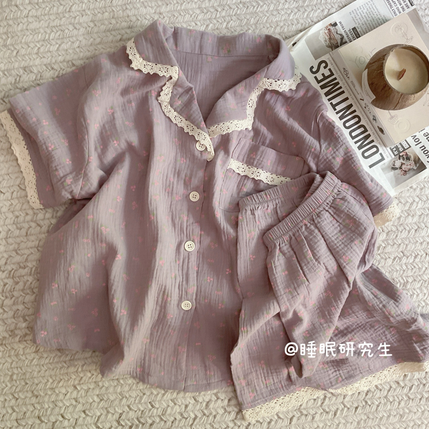 【矢车菊田】夏季女睡衣碎花蕾丝家居服软料短袖短裤纯棉套装