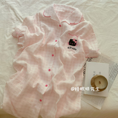 【好吃耶蜜桃】夏款女睡衣纯棉睡裙绉布软fufu宅家Kitty泡泡袖