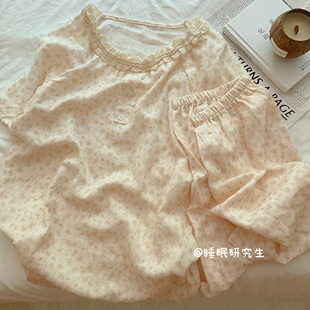 【藤井茉莉】A类全棉柔雾纱系列春夏季睡衣套装短袖碎花双层纱