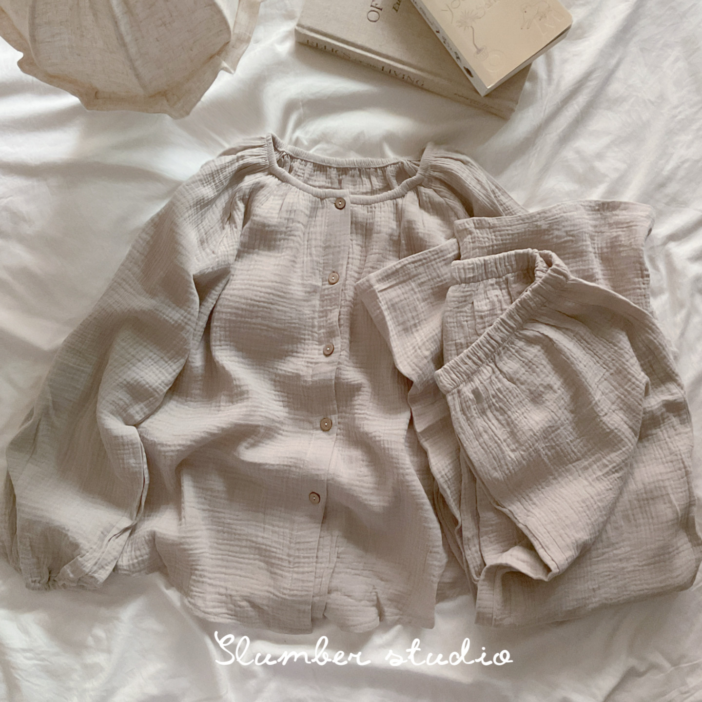 【Clean fit】木质调带胸垫秋季女睡衣婴儿纱纯棉圆领套装双口袋