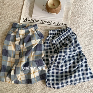 【遛弯裤子】春夏季女睡裤日系格子双口袋针织棉宽松短裤可外穿