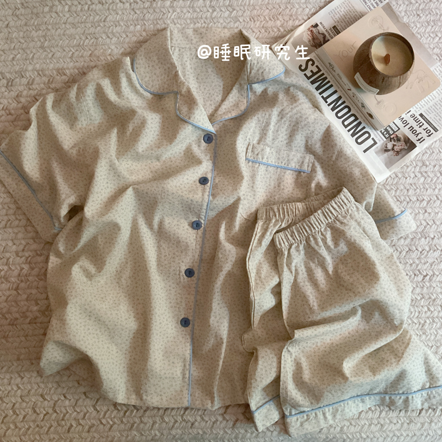 【season季节混纺】夏季女睡衣家居服密拷压边短袖短裤棉麻套装
