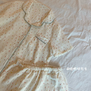 短袖 吻 短裤 长裤 女睡衣纯棉绉布家居服休闲三件套 夏季 漂亮