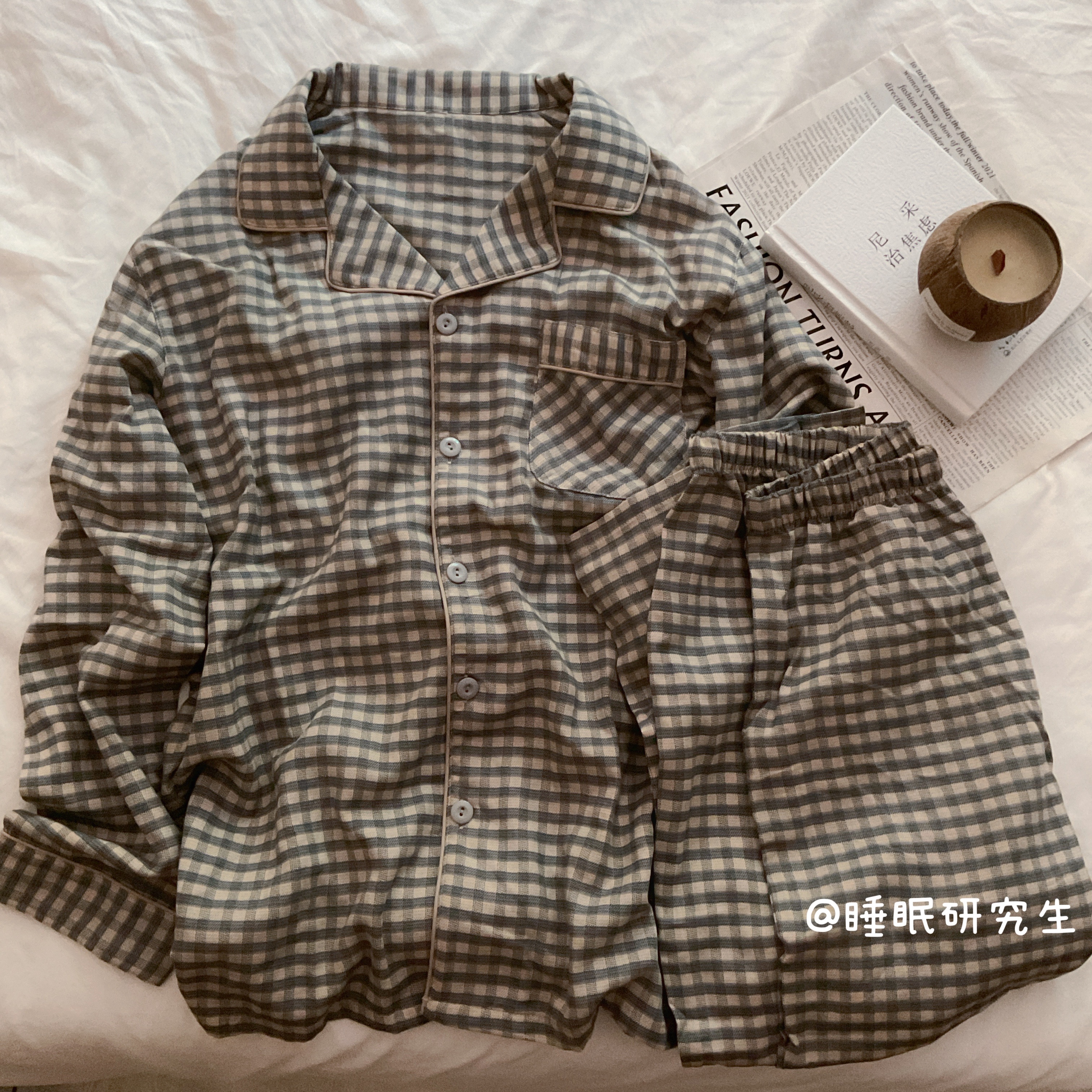 *【香草摩卡】秋季新款情侣男款睡衣纯棉套装长袖长裤柔雾纱日系