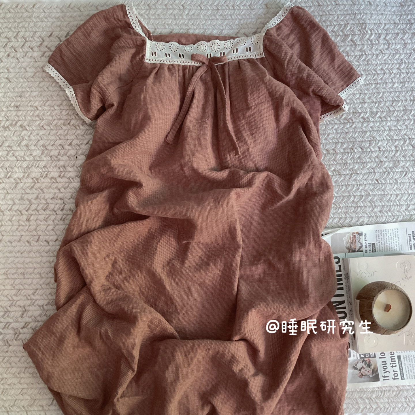 【可露丽】带胸垫夏季女睡衣蕾丝婴儿纱家居服软料纯棉短袖睡裙