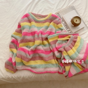 【About Winter】秋冬季女睡衣条纹家居服软酪绒套装蓄热纱线