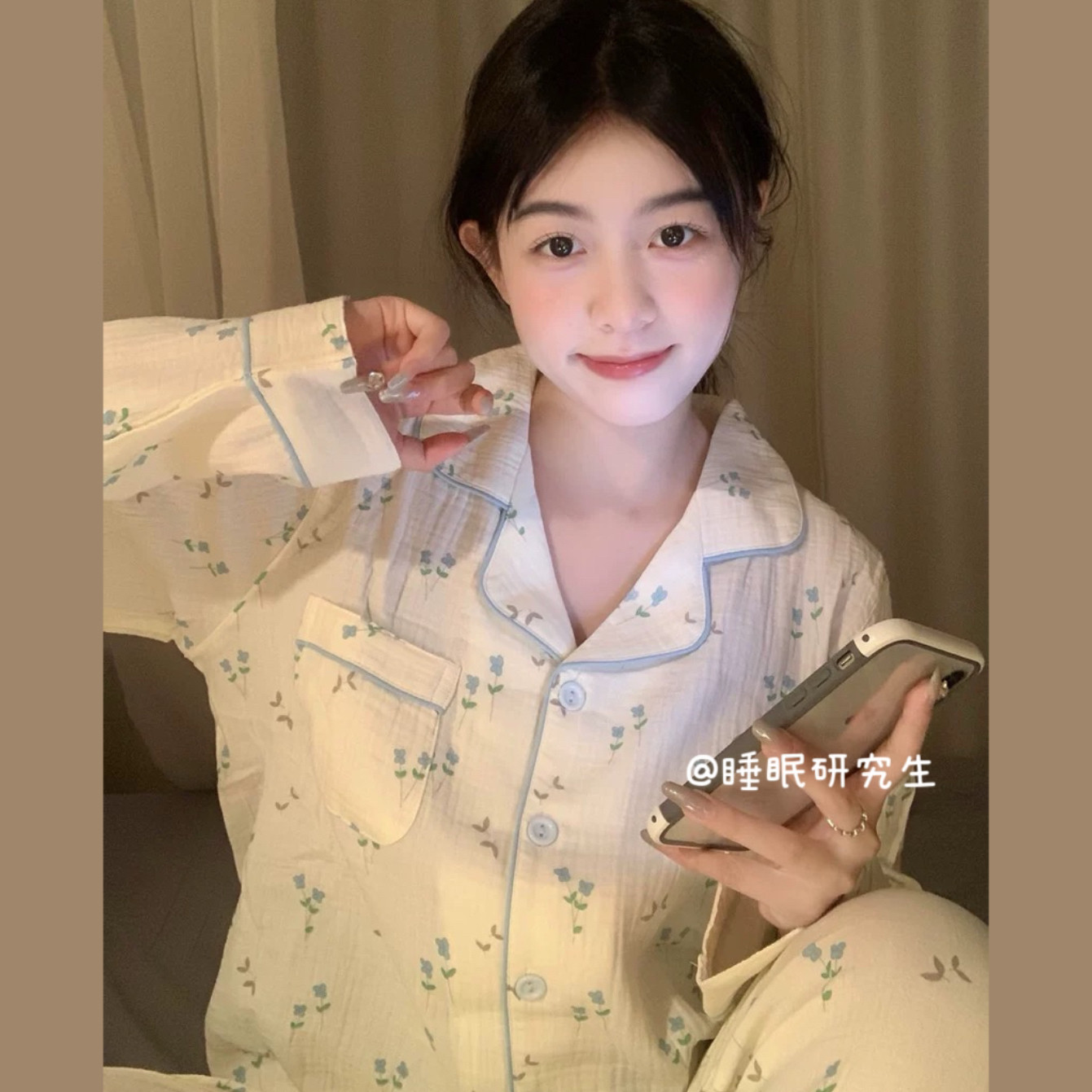 【山涧少女】春夏季新款女睡衣纯棉绉布小清新长袖长裤家居服套装