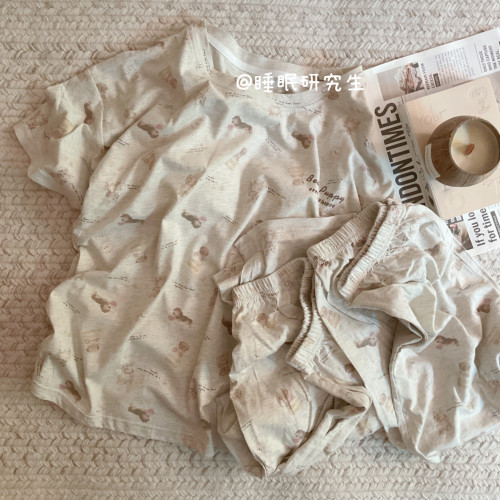 【厚乳吐司】带胸垫春夏季女睡衣软料家居服短袖纯棉三件套装