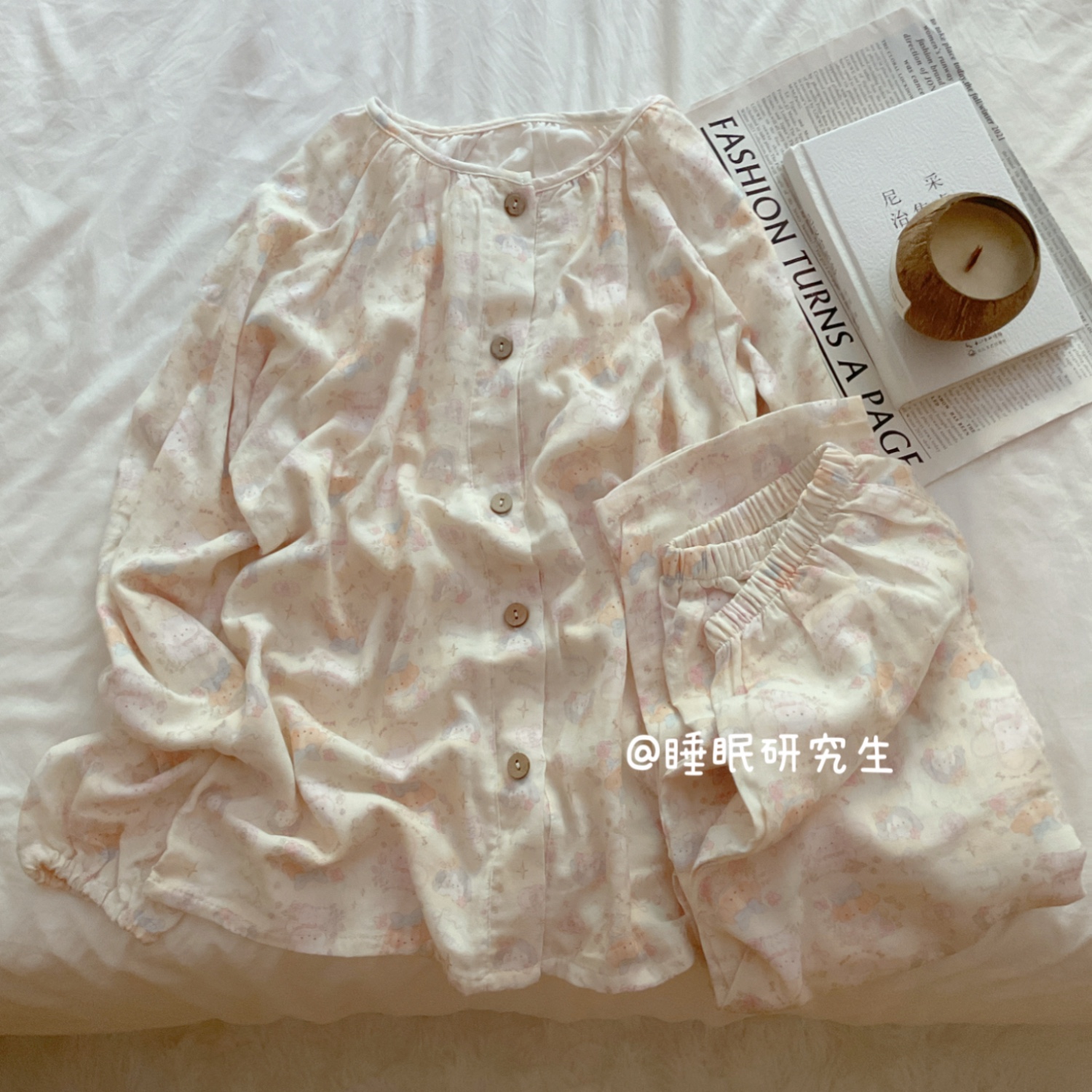 【一口奶油】秋季女睡衣纯棉长袖套装柔雾纱娃娃圆领椰壳扣扣