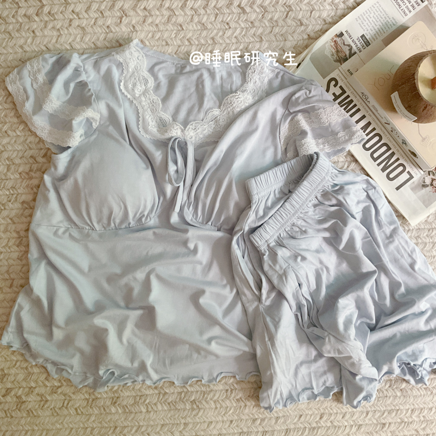 【双口袋遛弯服】带胸垫夏季女睡衣家居服短袖长裤防蚊散步套装