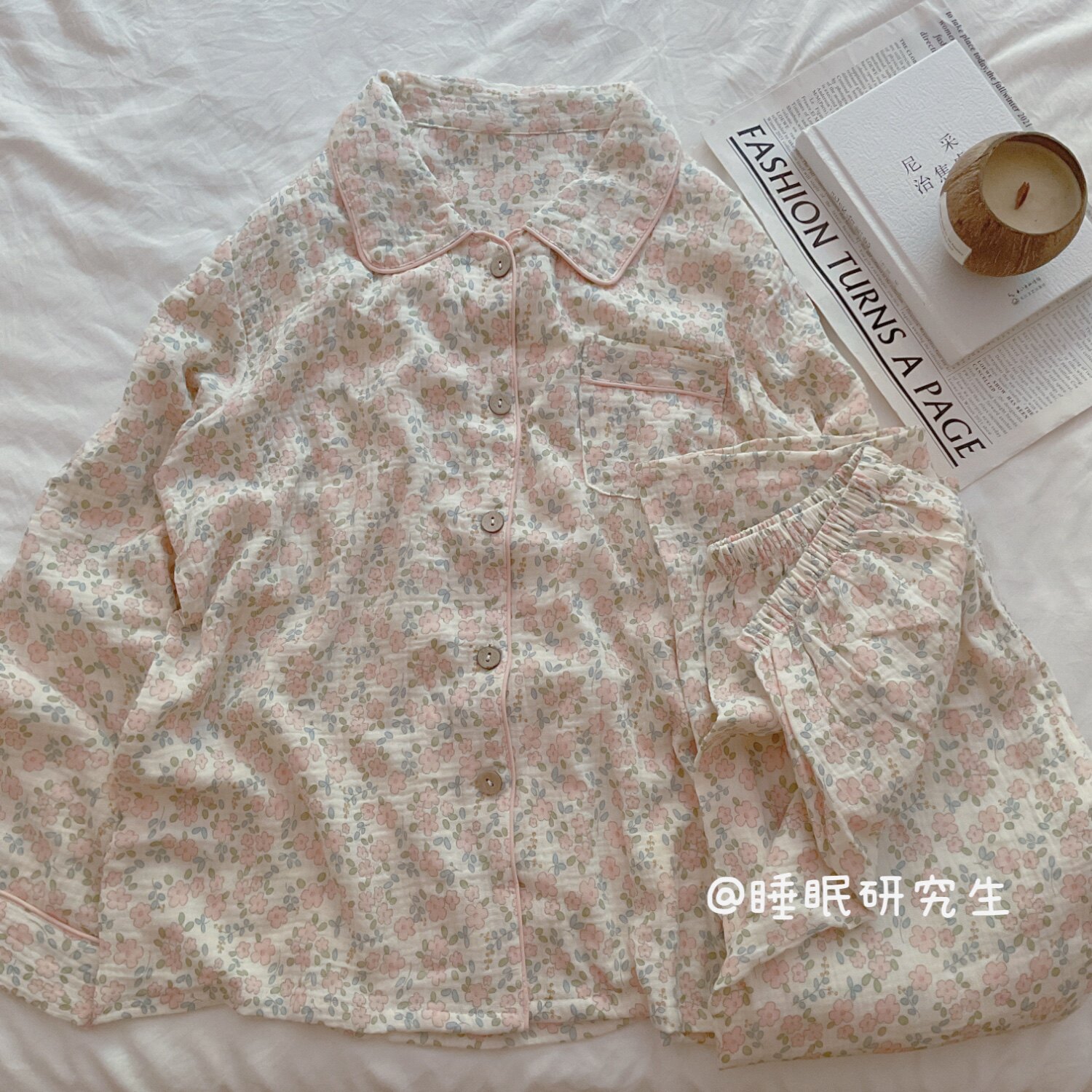 【桔梗花野】秋季女睡衣软料绉布双层纱家居服纯棉套装长袖长裤