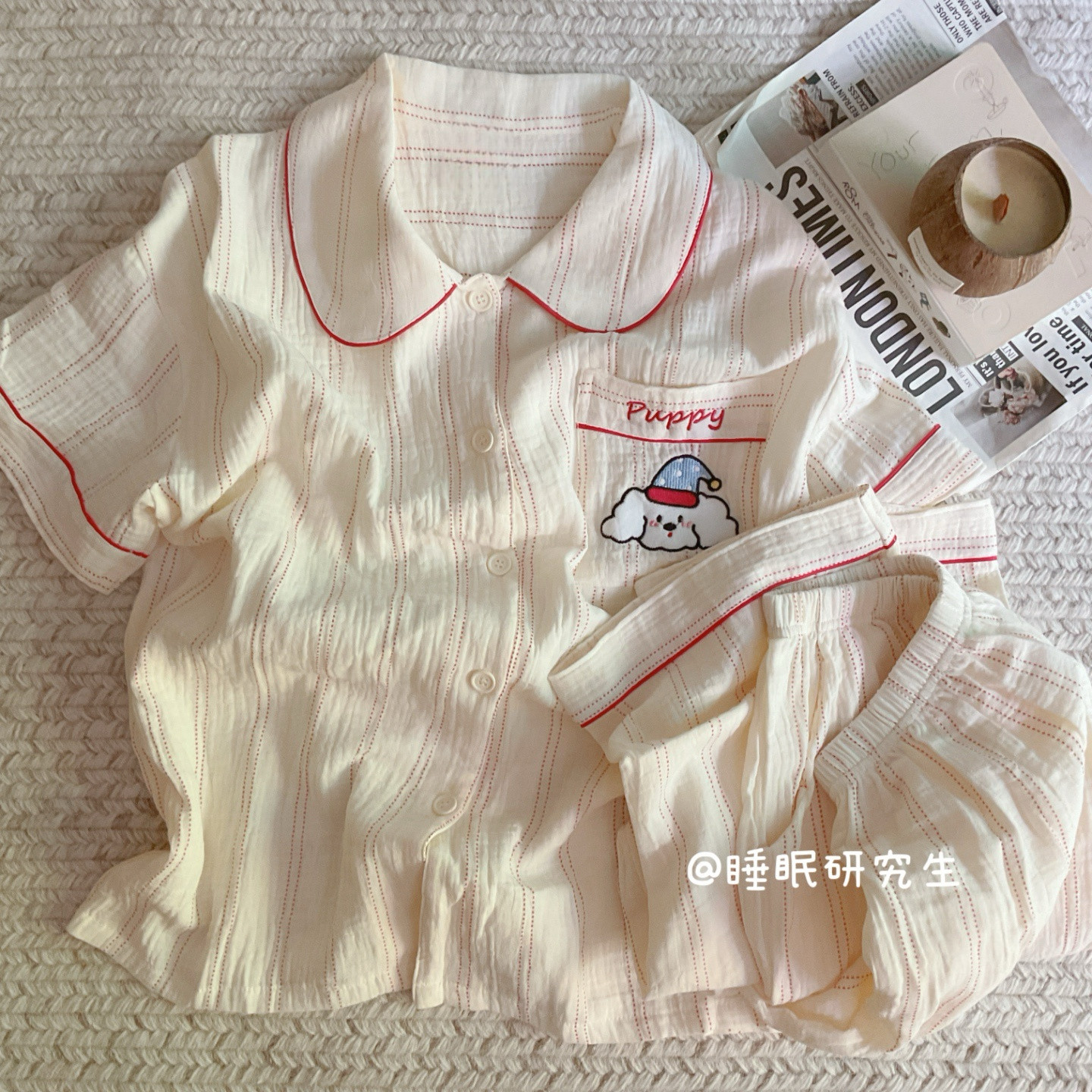 【草莓吐司】夏季女睡衣条纹家居服短袖长裤软料纯棉套装双口袋
