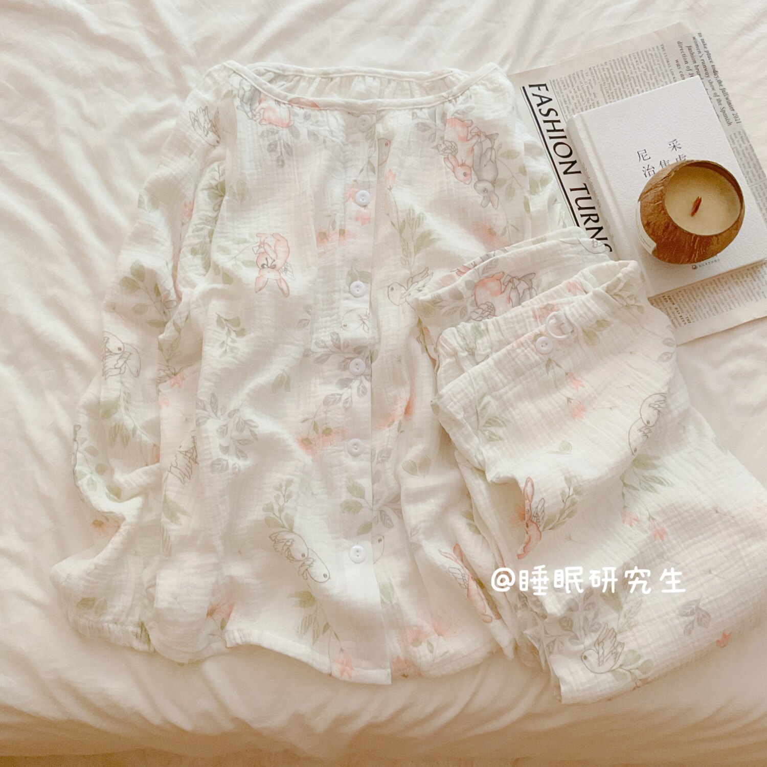 【果汁小兔】带胸垫秋季女睡衣婴儿棉家居服纯棉双层纱吸汗月子服
