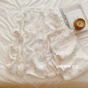 【果汁小兔】带胸垫秋季女睡衣婴儿棉家居服纯棉双层纱吸汗月子服