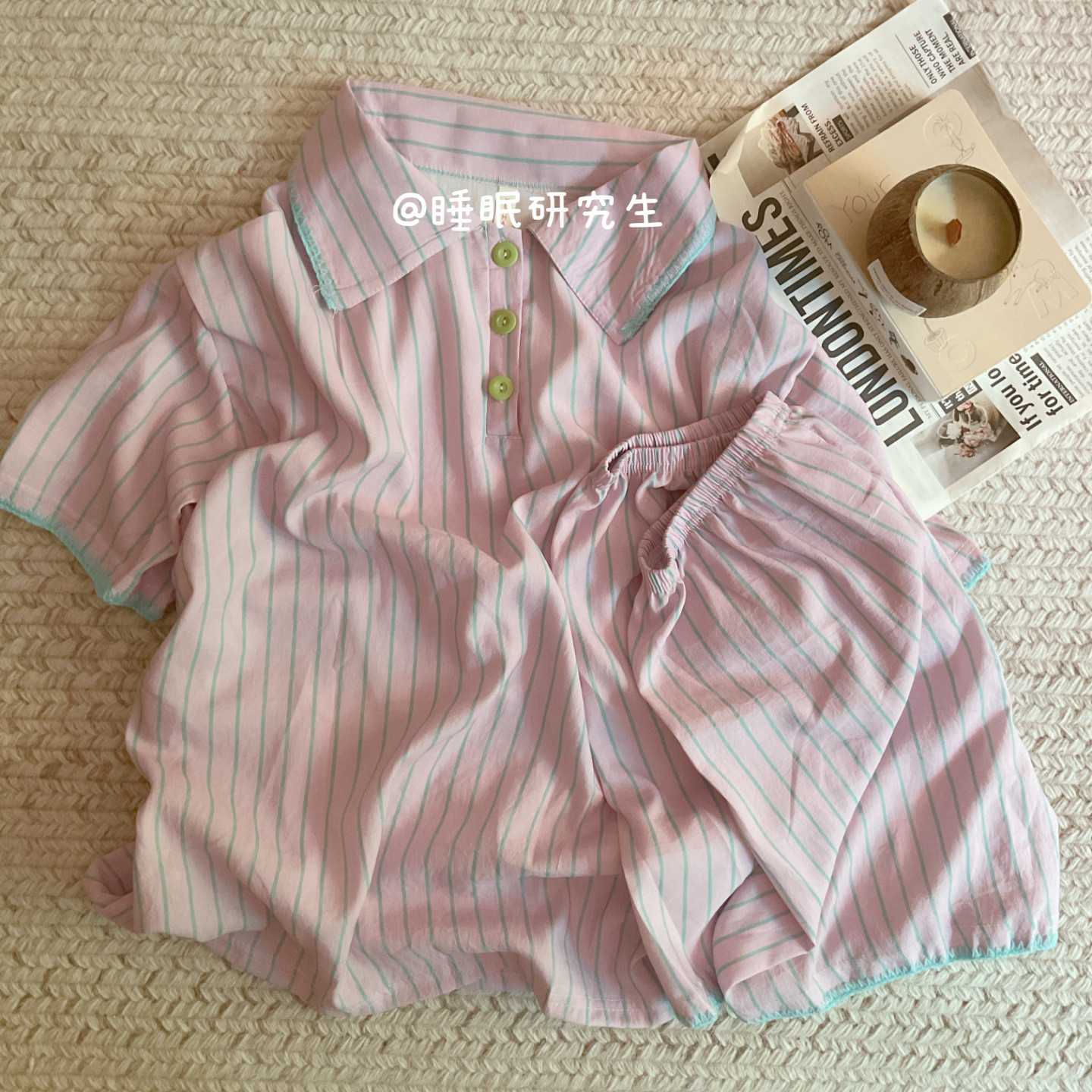 【小奶皮系列】夏季女睡衣莓果薄荷条纹家居服软料短袖短裤套装