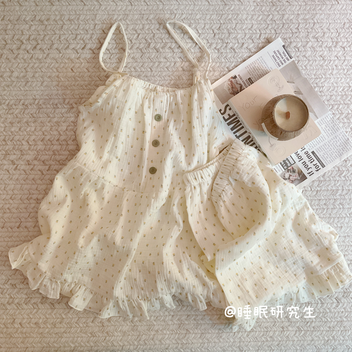 *【风车茉莉】春夏季女睡衣软料泡泡纱简约家居服吊带纯棉套装