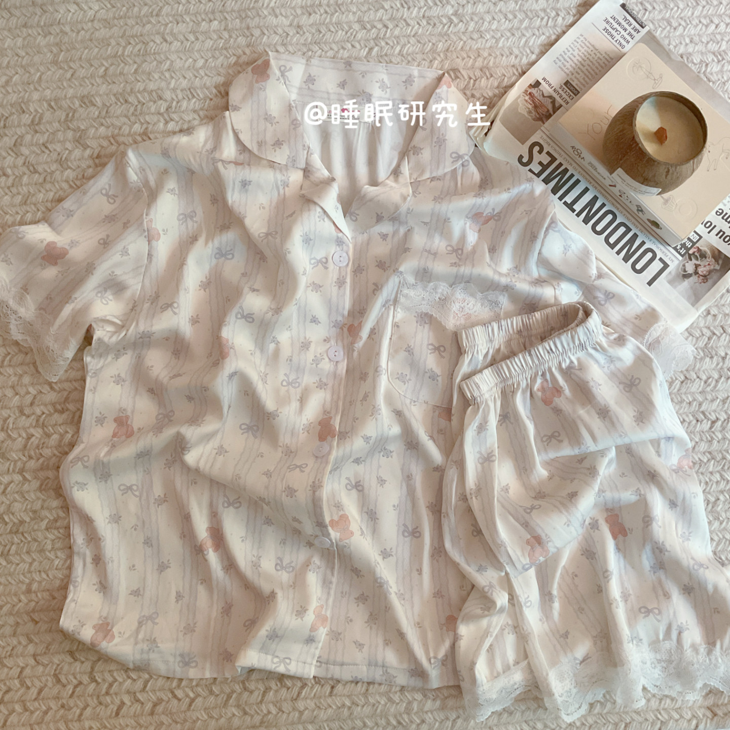 【薄荷小熊】夏季女睡衣波点家居服软料柔滑冰丝凉感套装短袖短裤