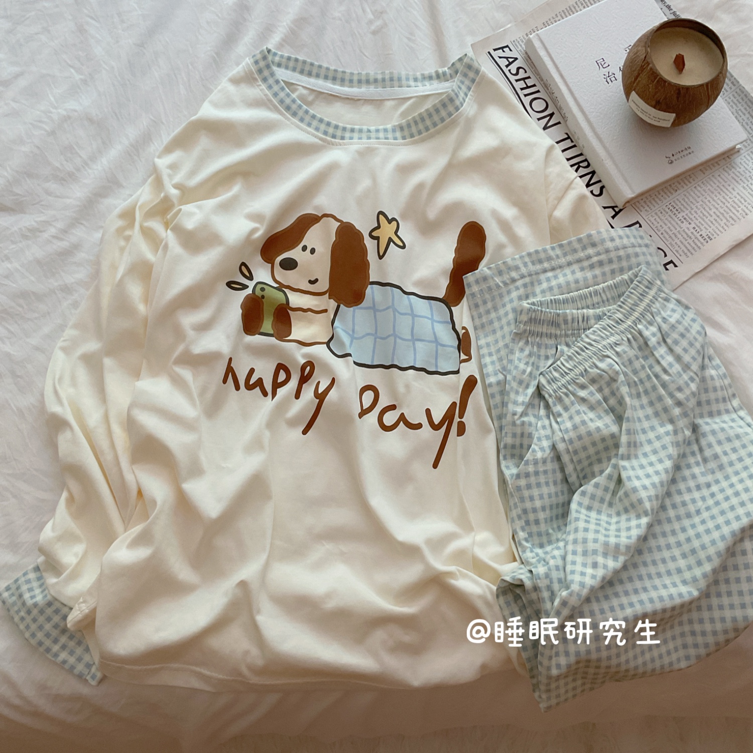 【只喝拿铁】秋季女睡衣软料简约家居服质感纯棉套装腊肠小狗清新