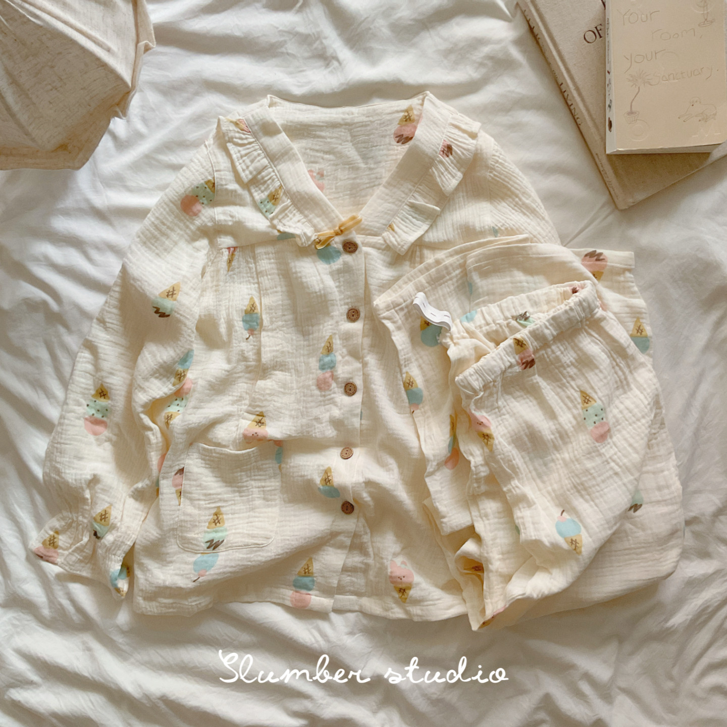【baby舒伴系列】A类纯棉秋季女睡衣长袖长裤月子服慕斯甜筒套装
