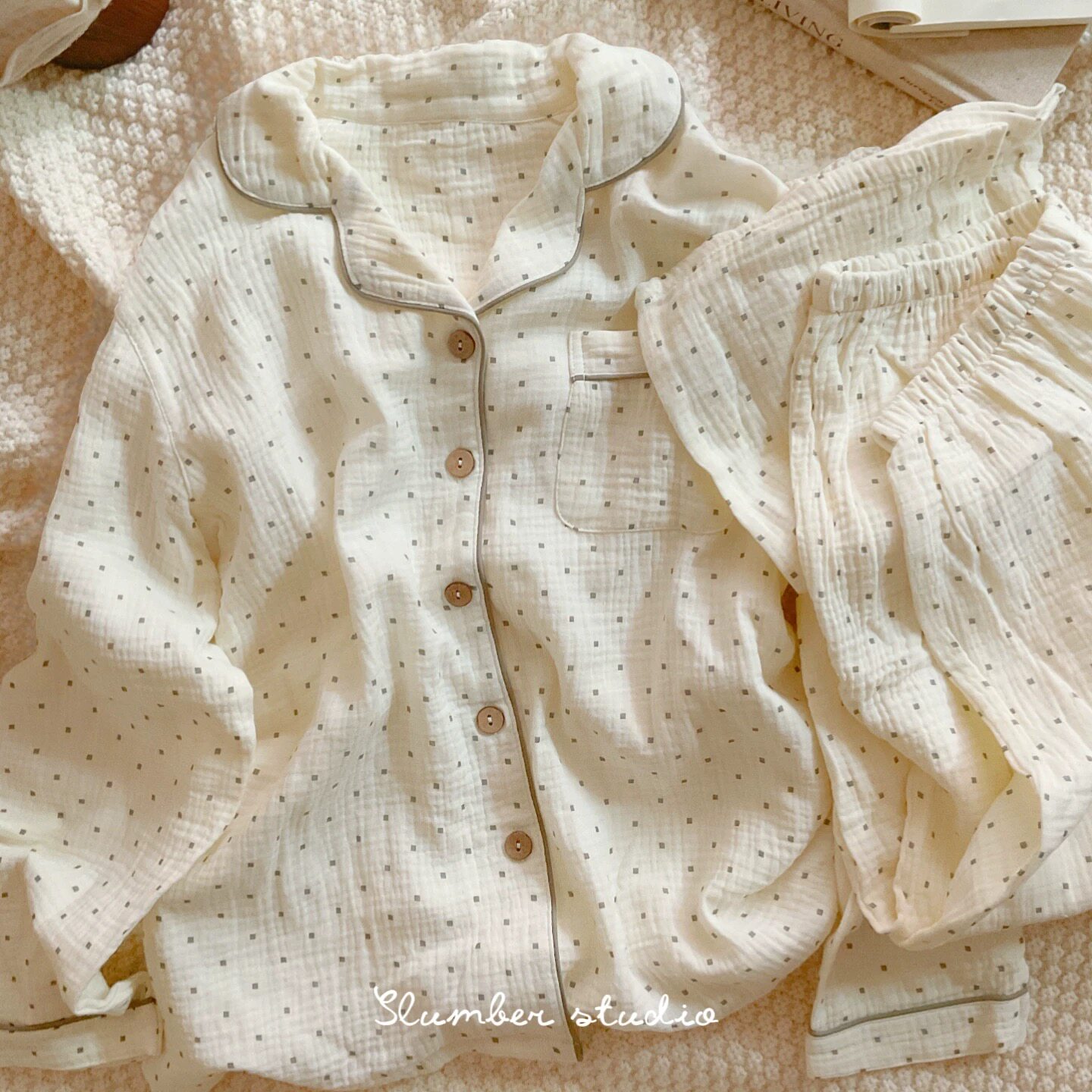 【焦糖吐司】春季女睡衣纯棉绉布两件套长袖长裤家居服简约套装