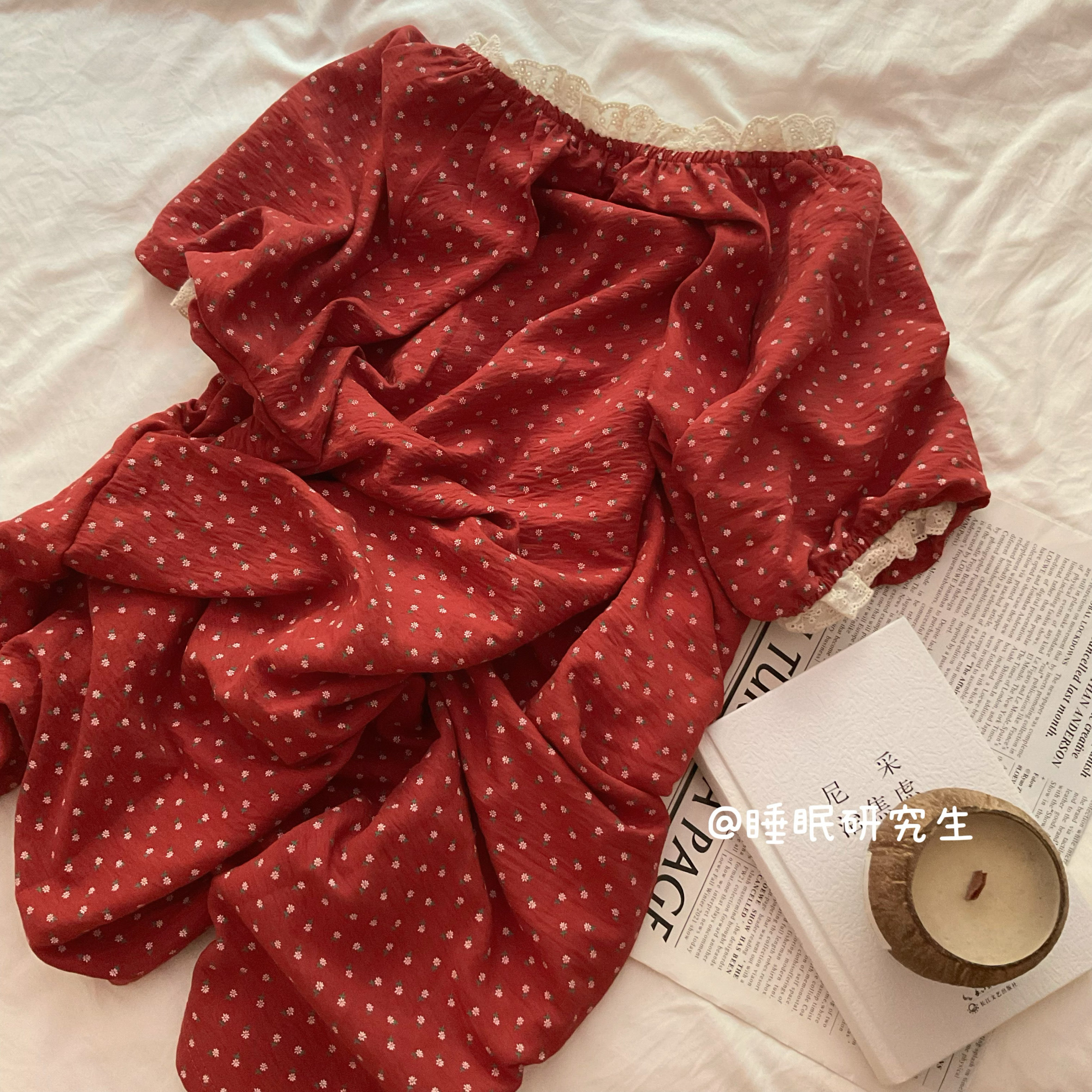 【樱桃琴酒】夏季女短袖睡裙雾面云朵棉奶油花边红色碎花家居服