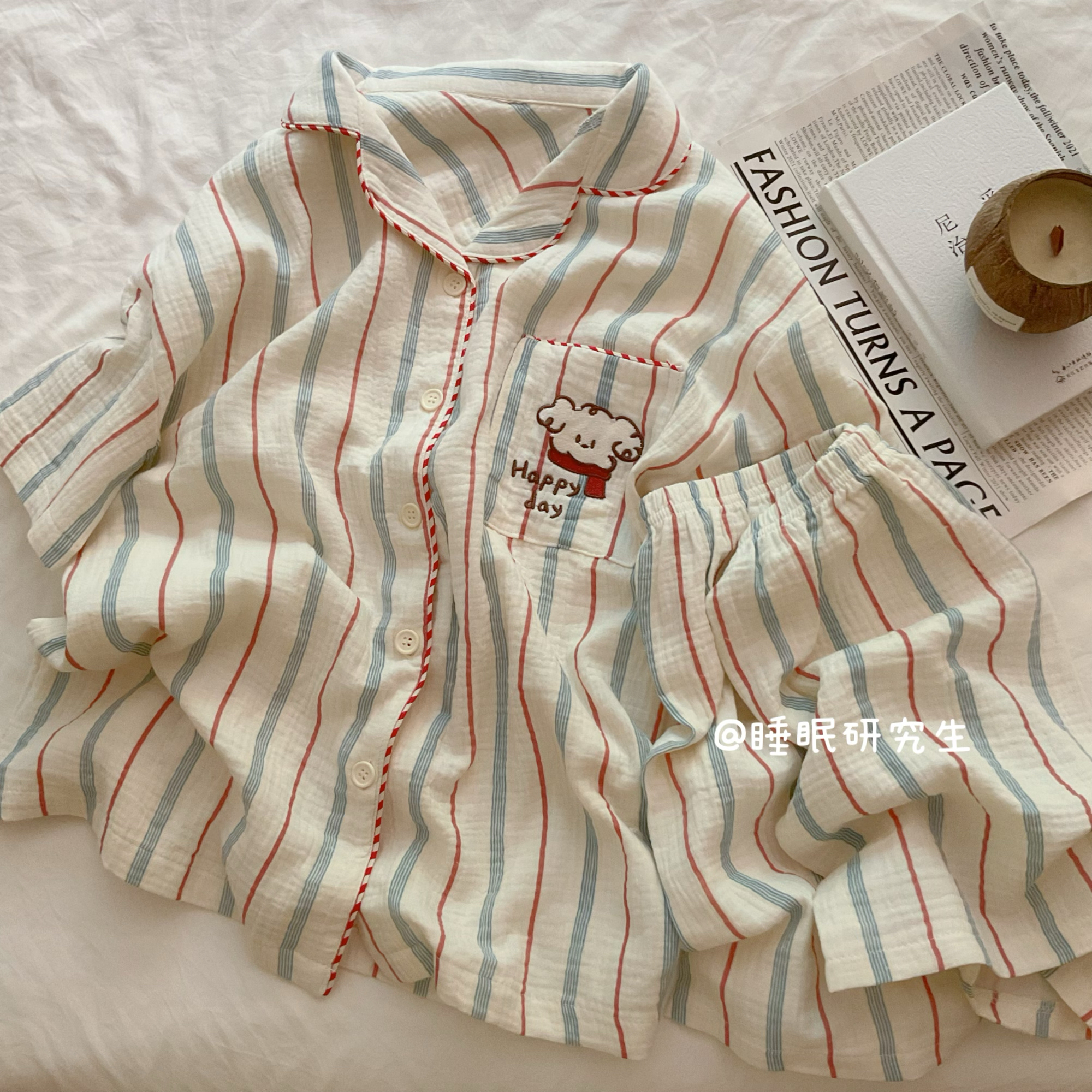 【小葡兰茜】夏季情侣睡衣纯棉套装绉布条纹宝宝棉家居服线条小狗
