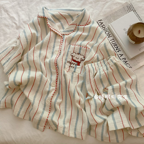 【小葡兰茜】夏季情侣睡衣纯棉套装绉布条纹宝宝棉家居服线条小狗