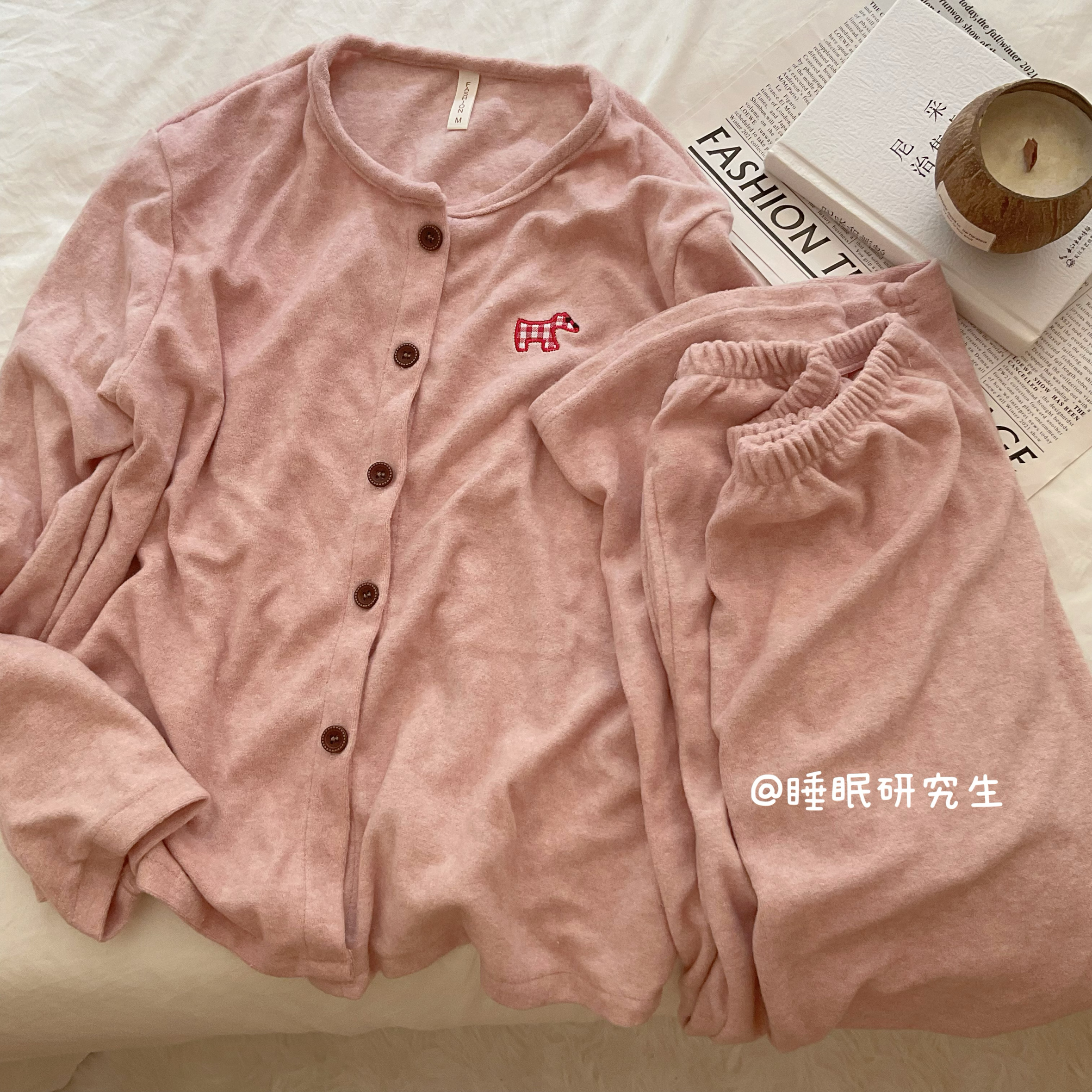 【元气小樱桃】春秋新款女睡衣套装可外穿薄绒家居服粉色小狗格子