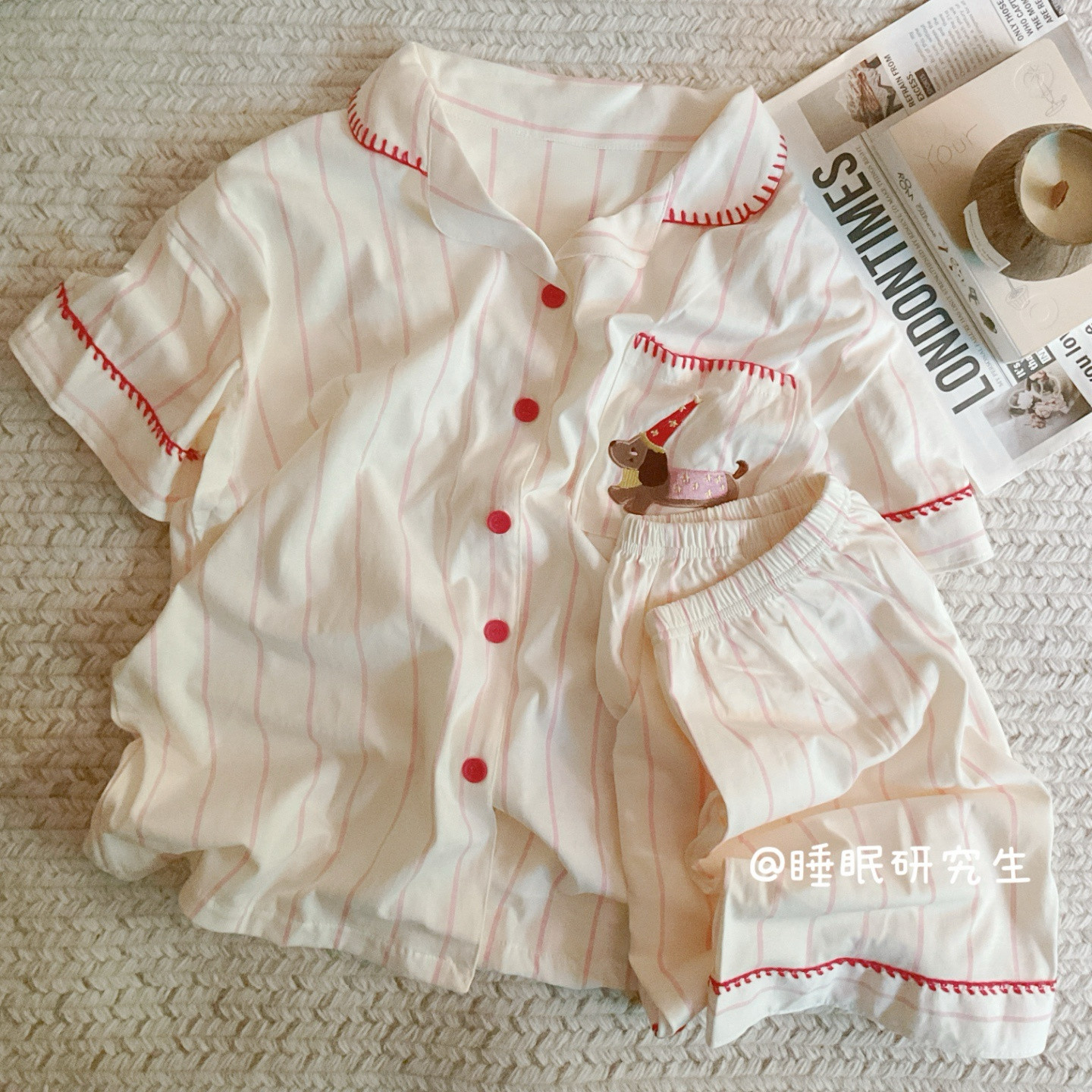 【樱桃小冰】夏季女睡衣腊肠狗家居服短袖短裤双口袋纯棉套装