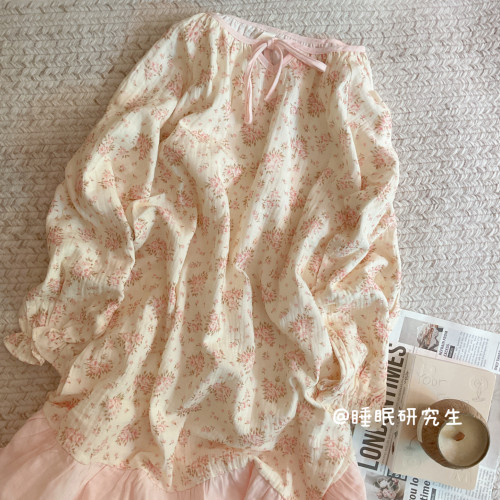 【荔枝雪兰】春夏季女睡衣软料小碎花泡泡纱家居服长袖纯棉睡裙